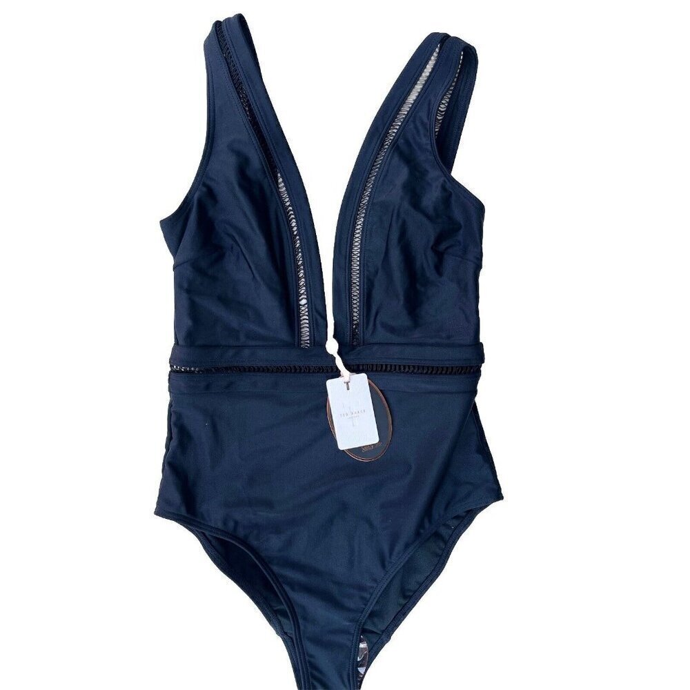 Ted Baker London Black Pointelle Deep V One Piece Swimsuit size 1= 4 US - Picture 1 of 12